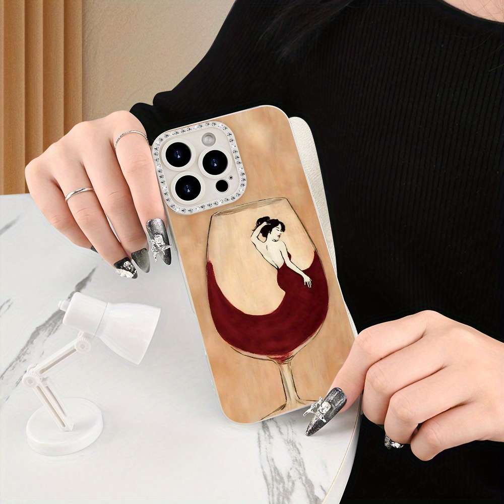 1Pc Ivory White For iPhone 16 Red Wine Print Phone Case