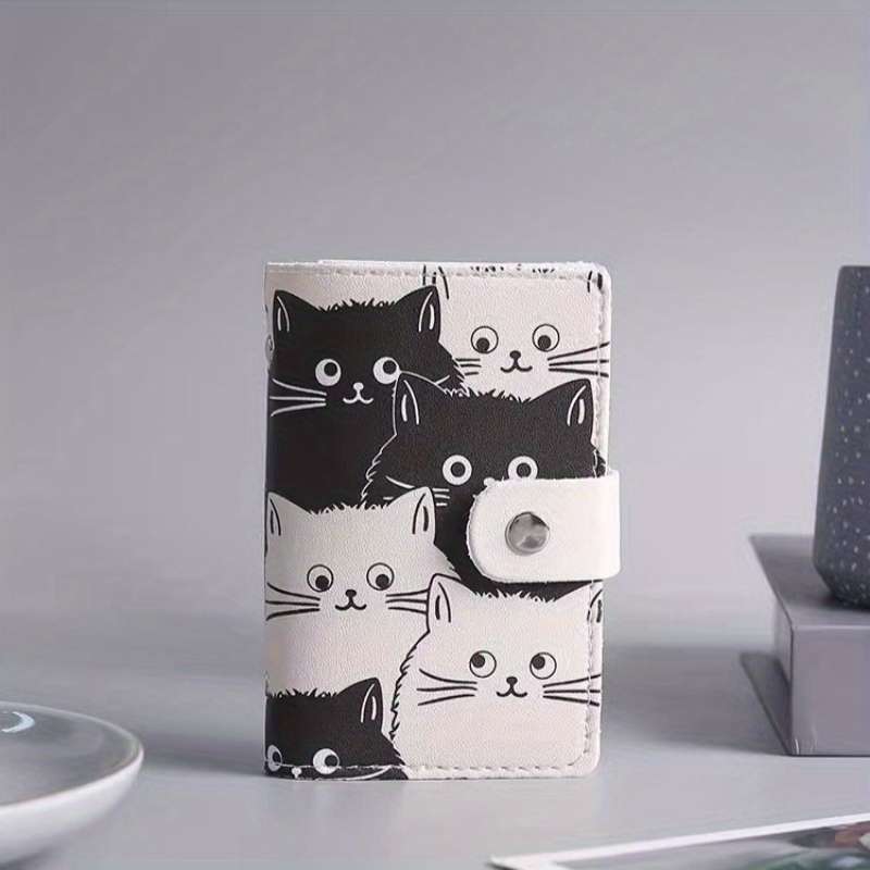1pc Cute Black and White Cat Card Holder Ultra-Thin Faux Leather Large Capacity Anti-Degaussing