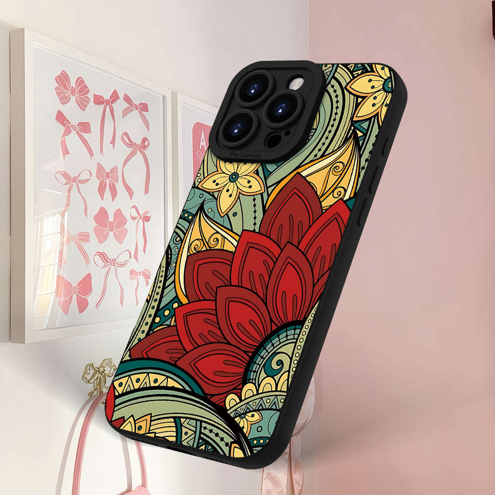1Pc Black For iPhone 15 Plus Ethnic Print Phone Case
