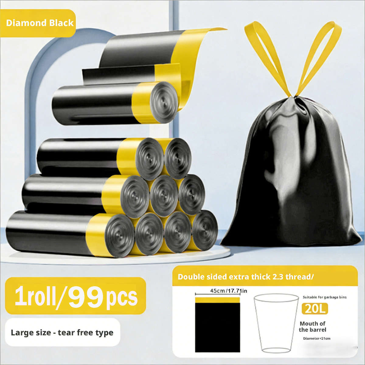 Trash Bagblack And Yellow Drawstringquantity1Roll99Pcs