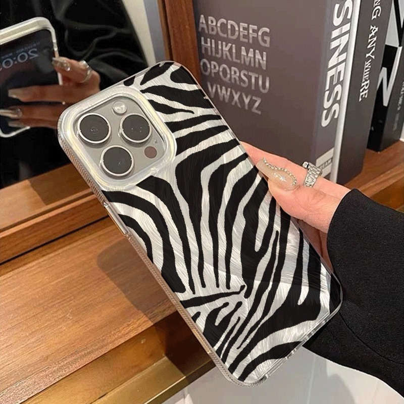 White For iPhone 14 Pro Max Feather Black Zebra Pattern Phone Case