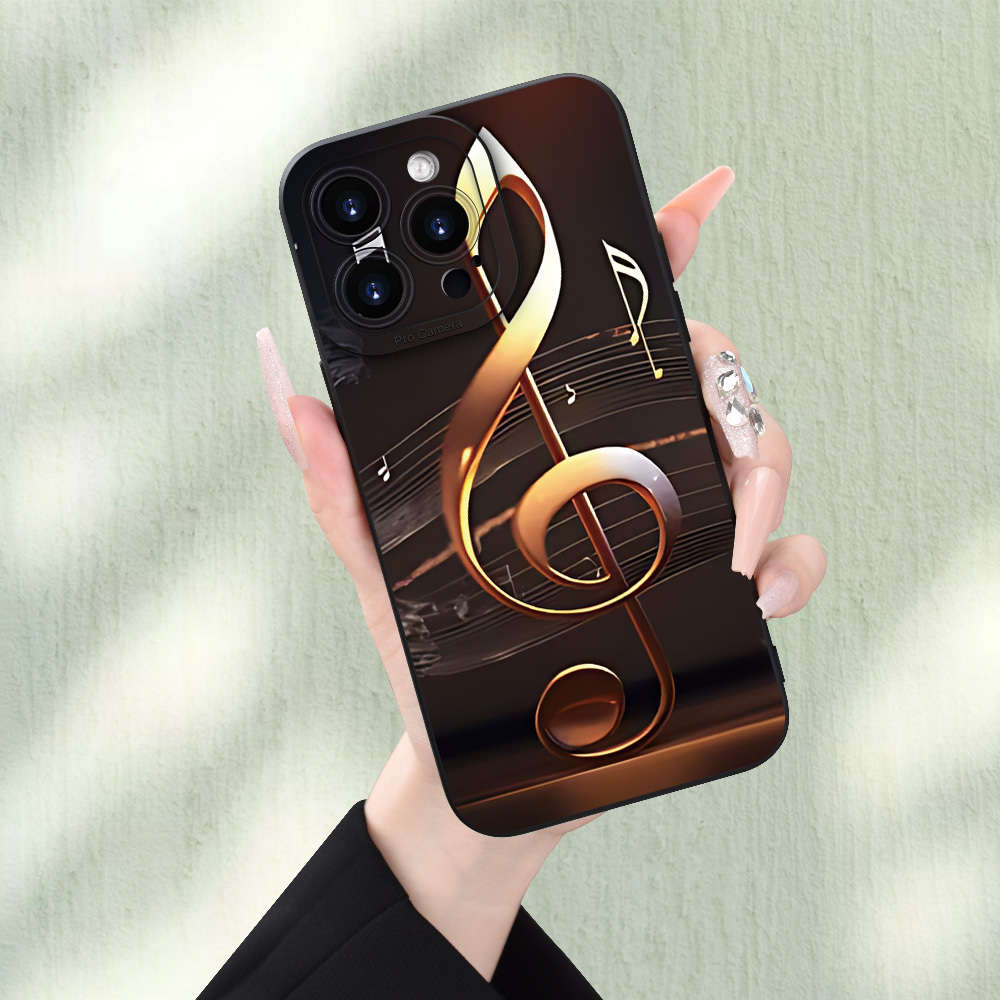 1Pc Black For iPhone 16 Plus Musical Note Pattern Phone Case