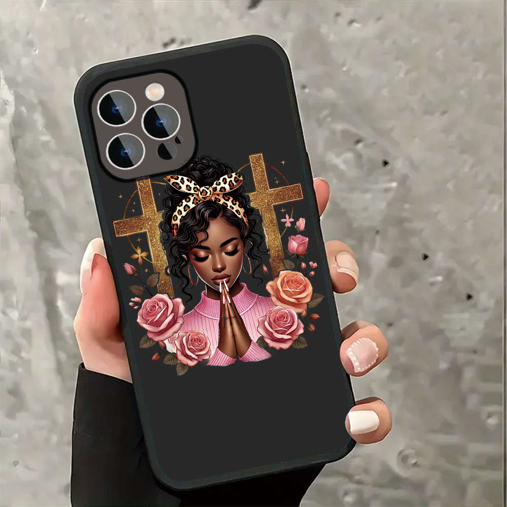 1Pc Black For iPhone 14 Plus Serene Prayer With Floral Blessings Phone Case