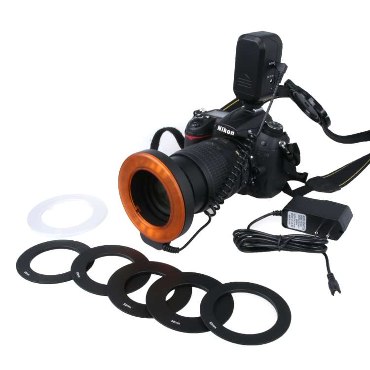 Circular LED Flash Light with 48 LED Lights & 6 Adapter Rings(49mm/52mm/55mm/58mm/62m ... (Orange)