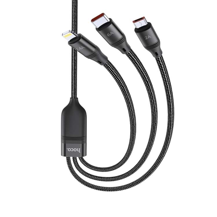 hoco U104 Ultra 3 in 1 6A Fast Charging Data Cable USB to 8 Pin + Micro USB + USB-C ... (Black)