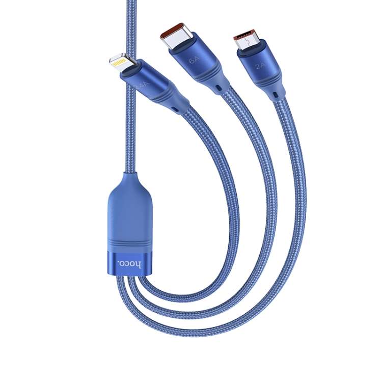 hoco U104 Ultra 3 in 1 6A Fast Charging Data Cable USB to 8 Pin + Micro USB + USB-C / T ... (Blue)
