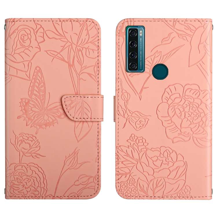 For TCL 20 SE Skin Feel Butterfly Peony Embossed Leather Phone Case(Pink)