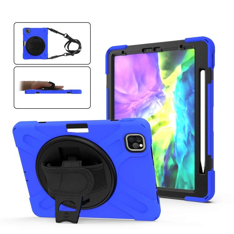 360 Degree Rotation Silicone Protective Cover with Holder & Hand Strap & Long Strap & P ... (Blue)