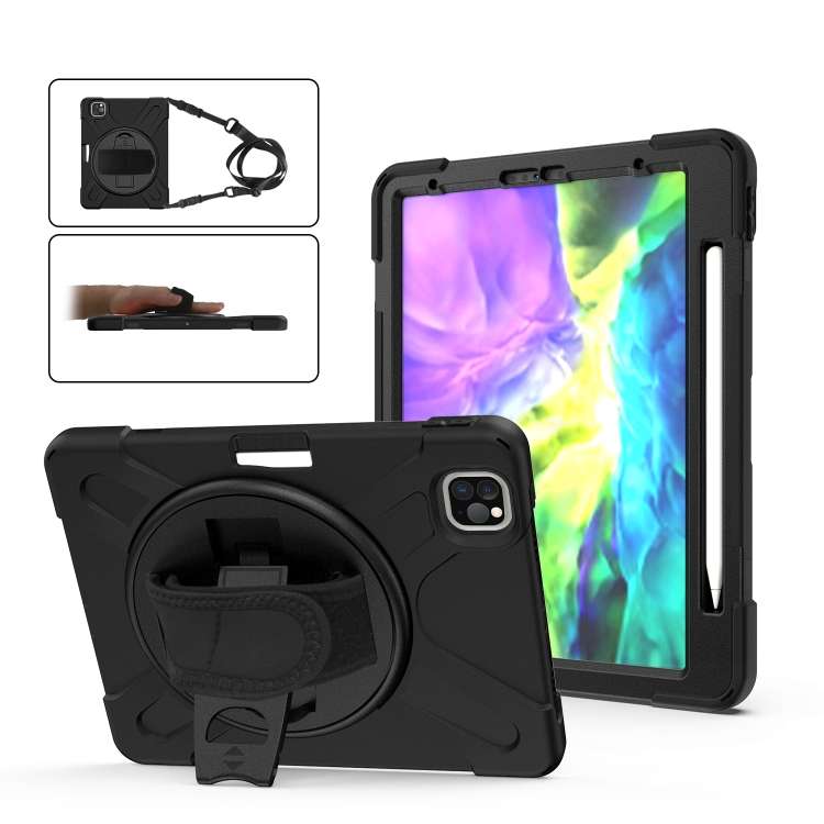 360 Degree Rotation Silicone Protective Cover with Holder & Hand Strap & Long Strap & ... (Black)