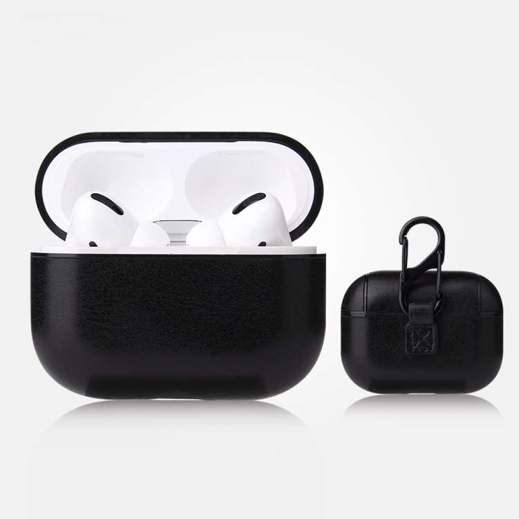 For AirPods Pro Anti-fall Crazy Horse Texture PU Leather Protective Case with Carabiner(Black)