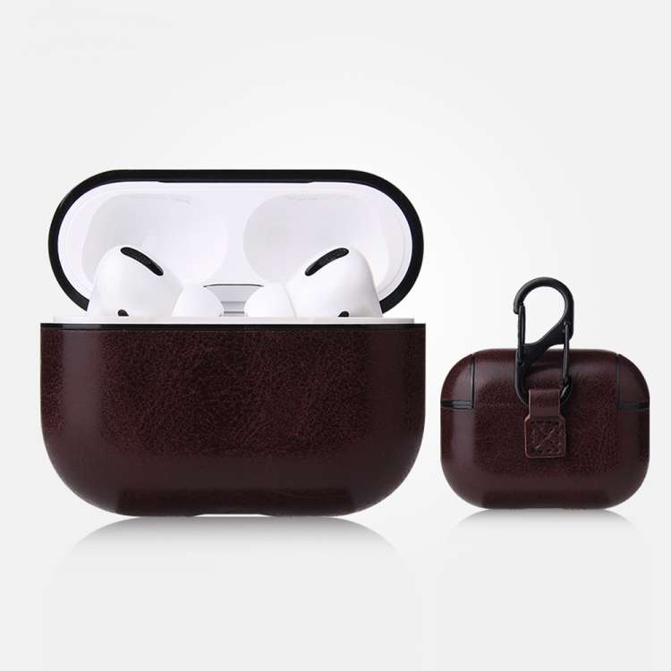For AirPods Pro Anti-fall Crazy Horse Texture PU Leather Protective Case with Carabiner(Coffee)