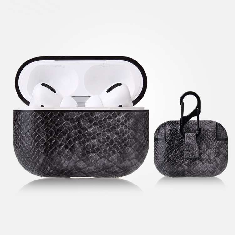 For AirPods Pro Anti-fall Snakeskin Texture PU Leather Protective Case with Carabiner(Gray)