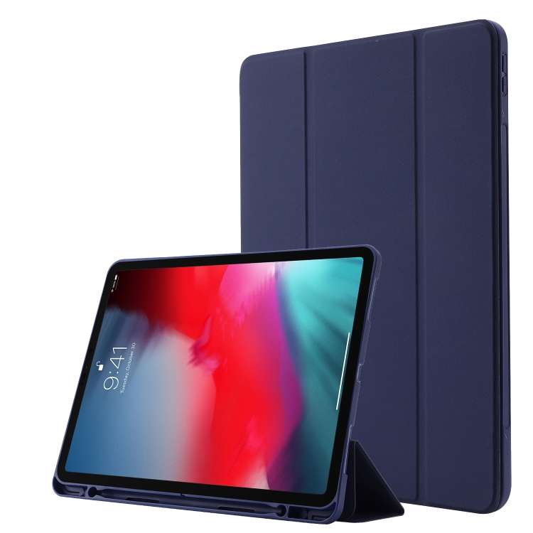 Skin Feel Pen Holder Tri-fold Tablet Leather Case For iPad Pro 11 2022 / 2021 / 20 ... (Dark Blue)