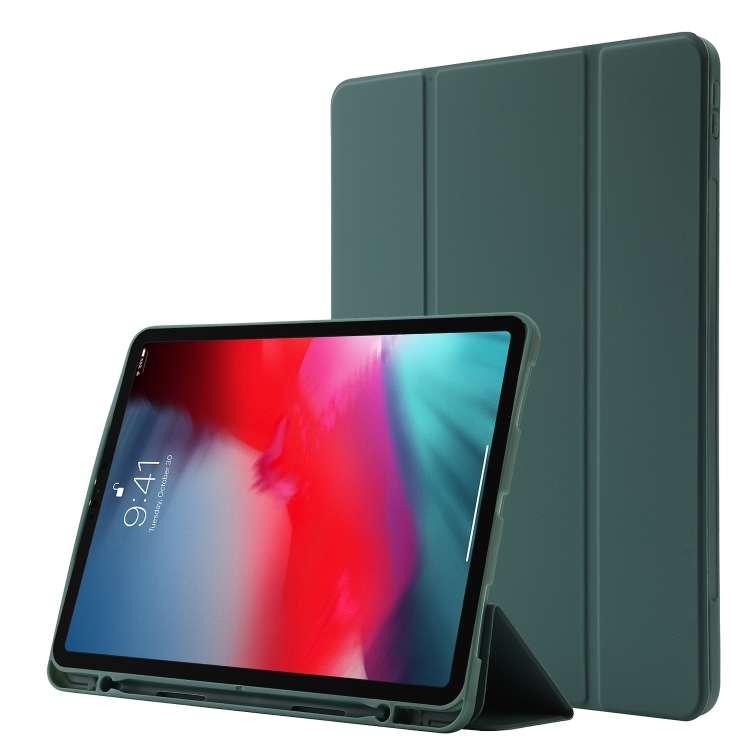 Skin Feel Pen Holder Tri-fold Tablet Leather Case For iPad Pro 11 2022 / 2021 / 2 ... (Dark Green)