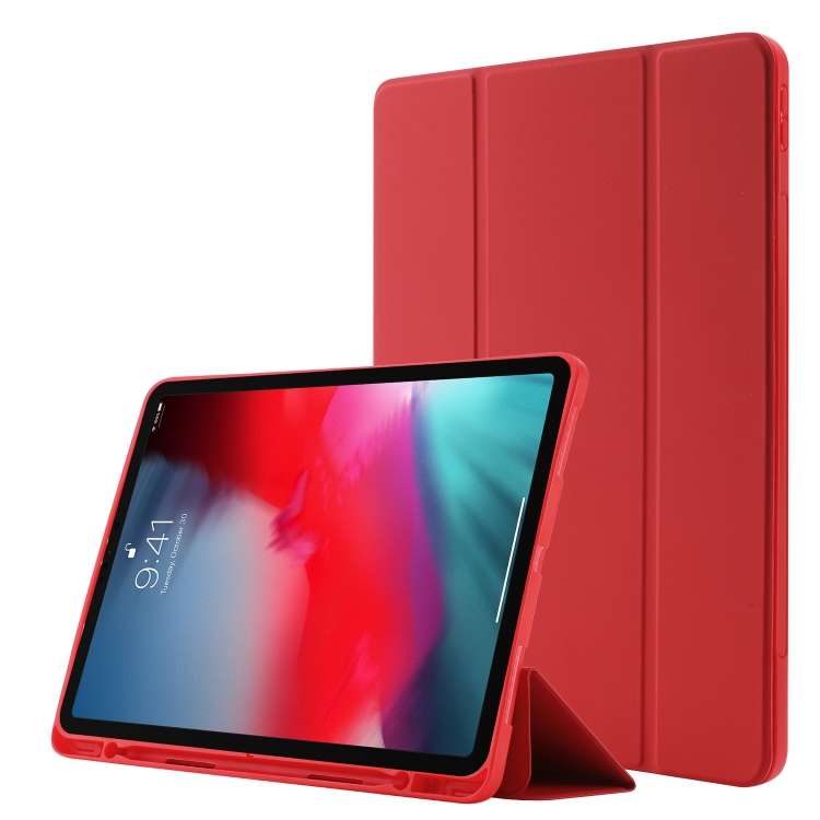 Skin Feel Pen Holder Tri-fold Tablet Leather Case For iPad Pro 11 2022 / 2021 / 2020 / 2018(Red)