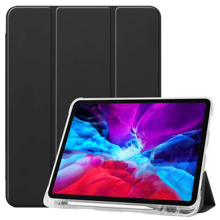 For iPad Pro 12.9 inch (2020) Three-folding Horizontal Flip PU Leather + Clear TPU Bac ... (Black)