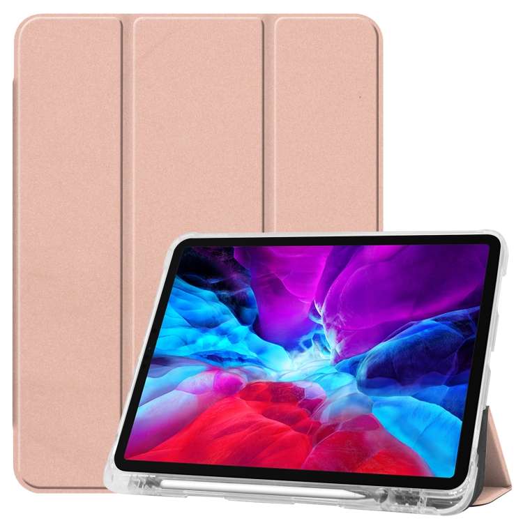 For iPad Pro 12.9 inch (2020) Three-folding Horizontal Flip PU Leather + Clear TPU ... (Rose Gold)