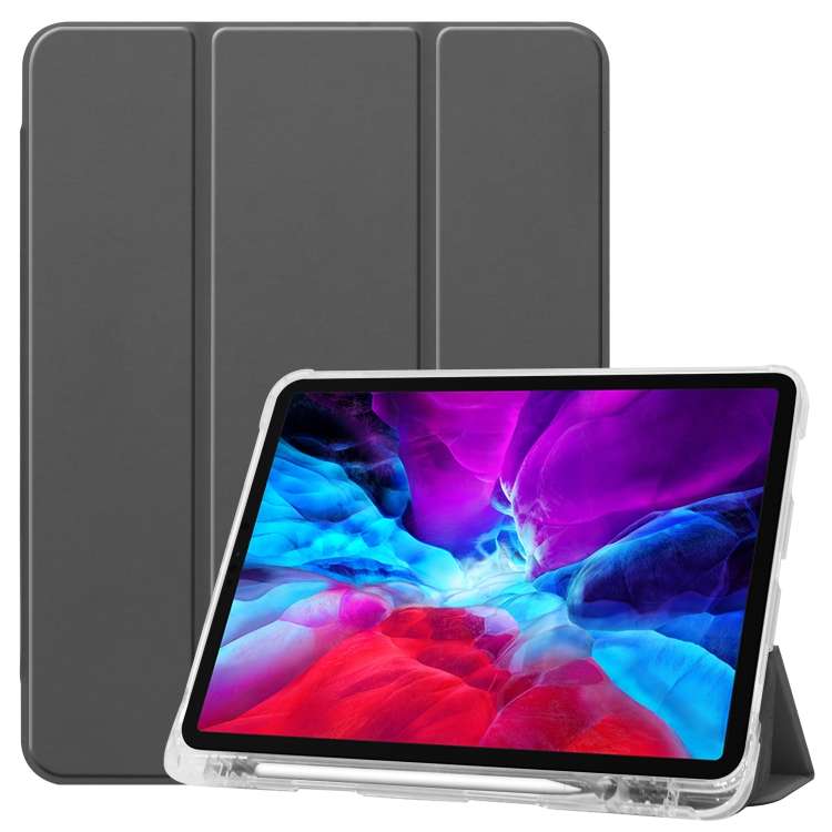 For iPad Pro 12.9 inch (2020) Three-folding Horizontal Flip PU Leather + Clear TPU Back ... (Grey)