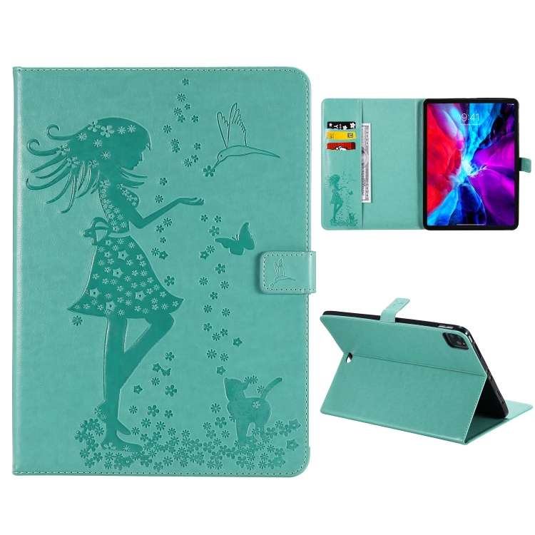 For iPad Pro 11 (2020) Pressed Printing Woman and Cat Pattern Horizontal Flip Leather ... (Green)