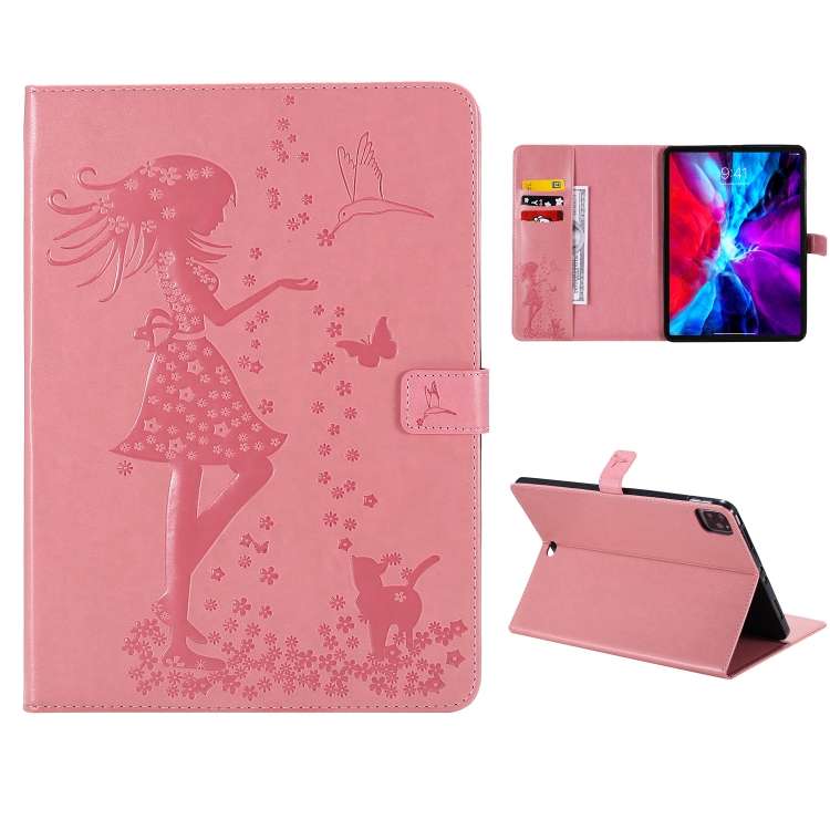 For iPad Pro 11 (2020) Pressed Printing Woman and Cat Pattern Horizontal Flip Leather T ... (Pink)