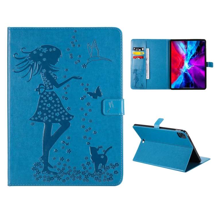 For iPad Pro 11 (2020) Pressed Printing Woman and Cat Pattern Horizontal Flip Leather T ... (Blue)