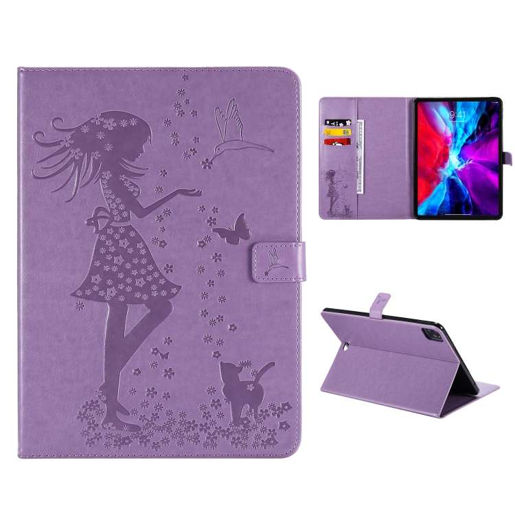 For iPad Pro 11 (2020) Pressed Printing Woman and Cat Pattern Horizontal Flip Leather ... (Purple)