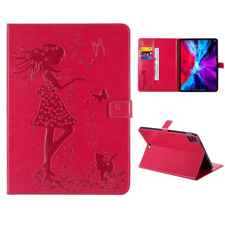 For iPad Pro 11 (2020) Pressed Printing Woman and Cat Pattern Horizontal Flip Leather Ta ... (Red)