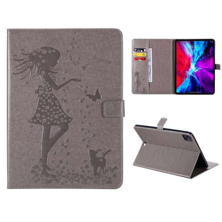 For iPad Pro 11 (2020) Pressed Printing Woman and Cat Pattern Horizontal Flip Leather T ... (Grey)