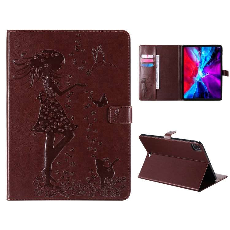For iPad Pro 11 (2020) Pressed Printing Woman and Cat Pattern Horizontal Flip Leather ... (Coffee)