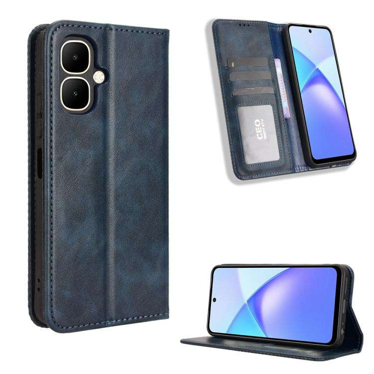 For Infinix Smart 10 / Tecno Pop 10 4G Magnetic Buckle Retro Texture Leather Phone Case(Blue)
