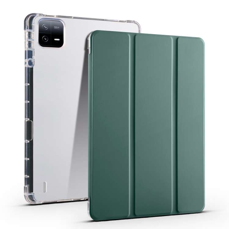 For Xiaomi Pad 7 / 7 Pro 3-fold Clear TPU Smart Leather Tablet Case with Pen Slot(Dark Green)