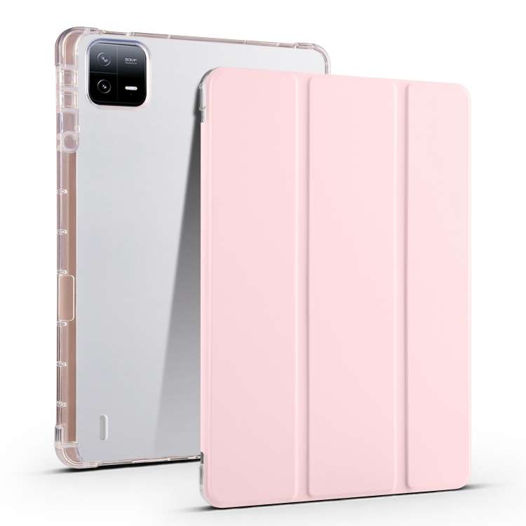 For Xiaomi Pad 7 / 7 Pro 3-fold Clear TPU Smart Leather Tablet Case with Pen Slot(Sand Pink)