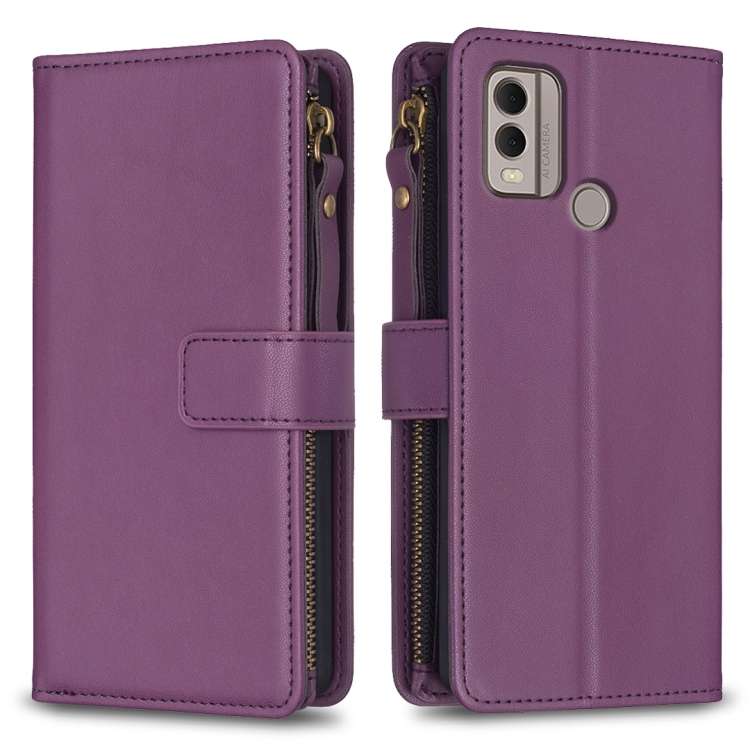 For Nokia C22 9 Card Slots Zipper Wallet Leather Flip Phone Case(Dark Purple)
