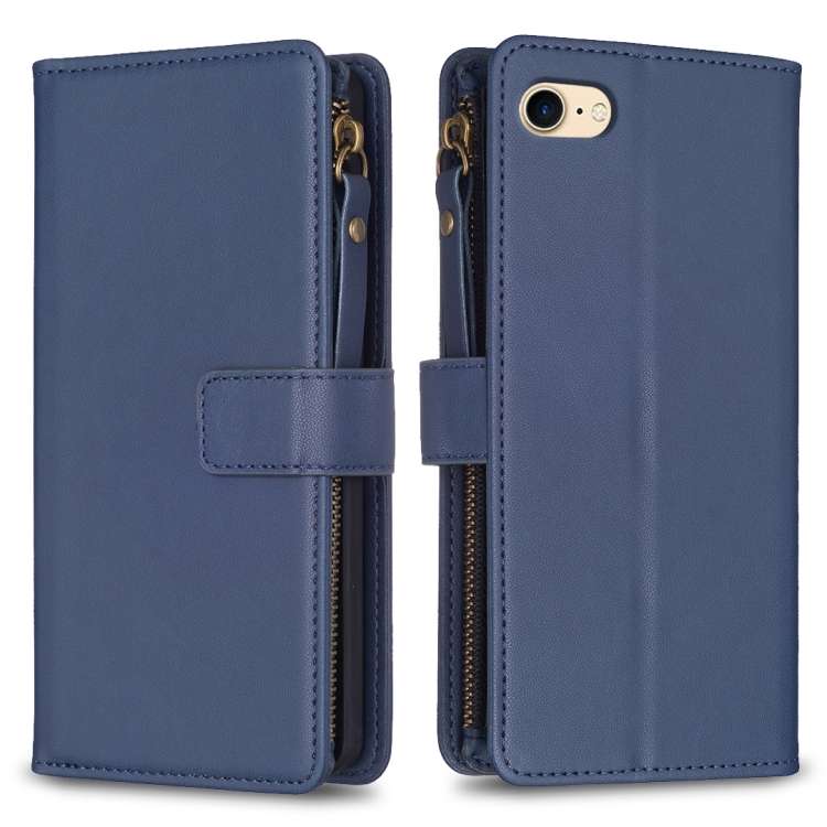 For iPhone SE 2022/SE 2020 / 8 / 7 9 Card Slots Zipper Wallet Leather Flip Phone Case(Blue)