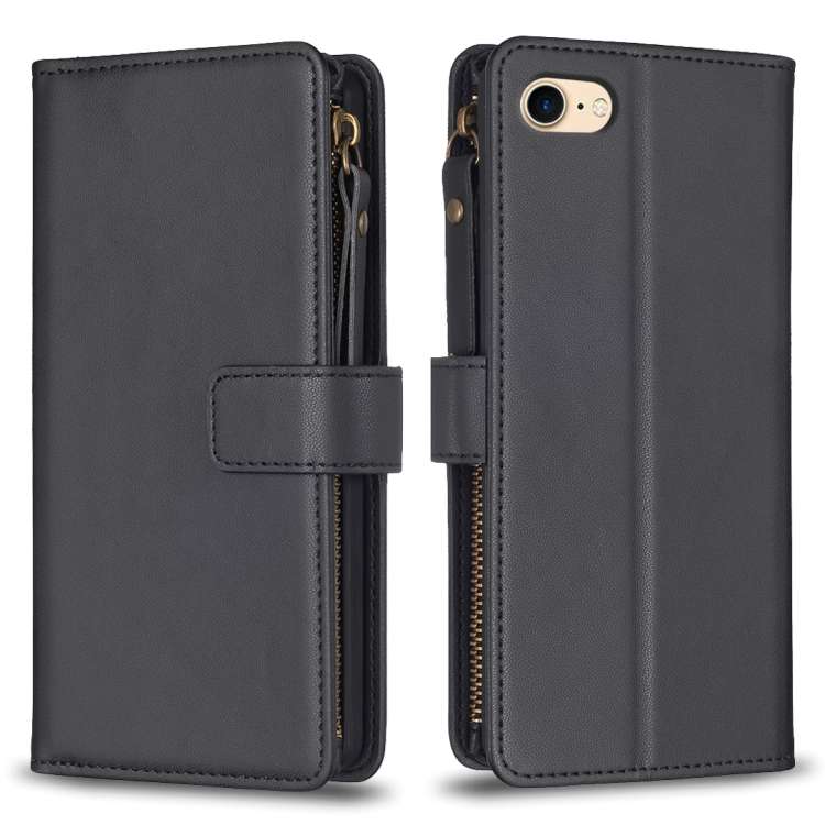 For iPhone SE 2022/SE 2020 / 8 / 7 9 Card Slots Zipper Wallet Leather Flip Phone Case(Black)