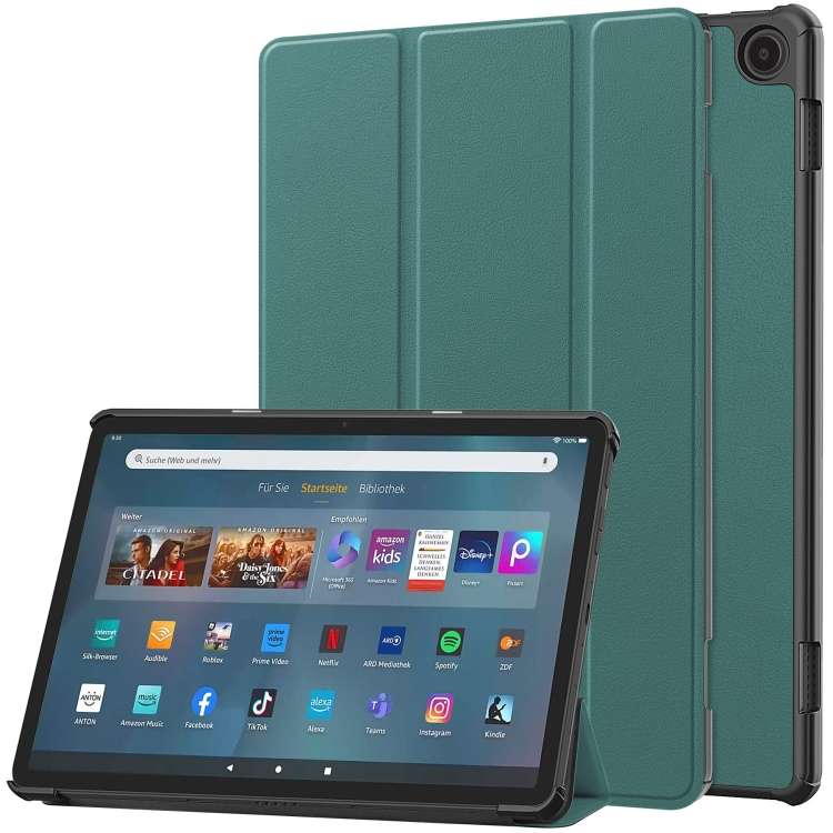 For Amazon Fire Max 11 Custer Pure Color 3-Fold Holder Smart Leather Tablet Case(Dark Green)
