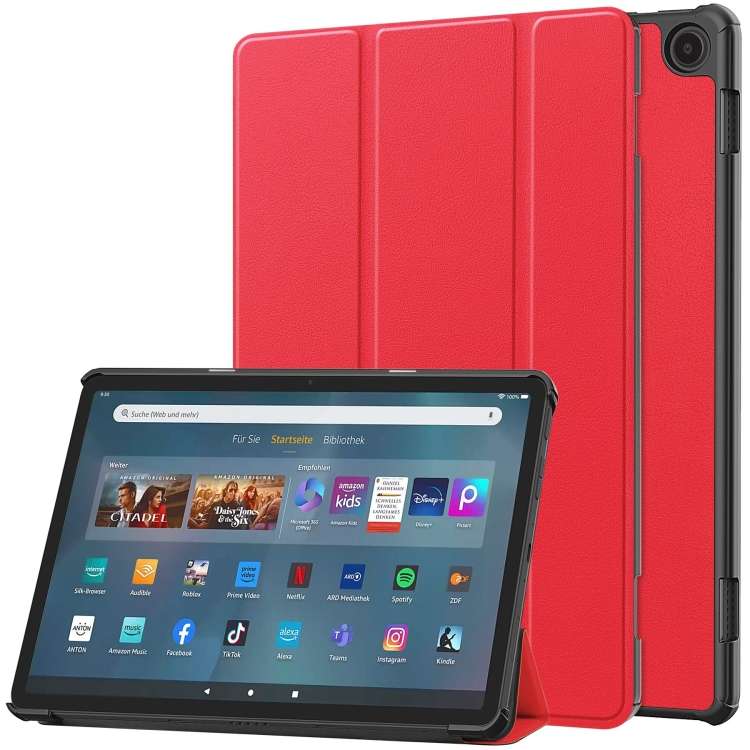 For Amazon Fire Max 11 Custer Pure Color 3-Fold Holder Smart Leather Tablet Case(Red)