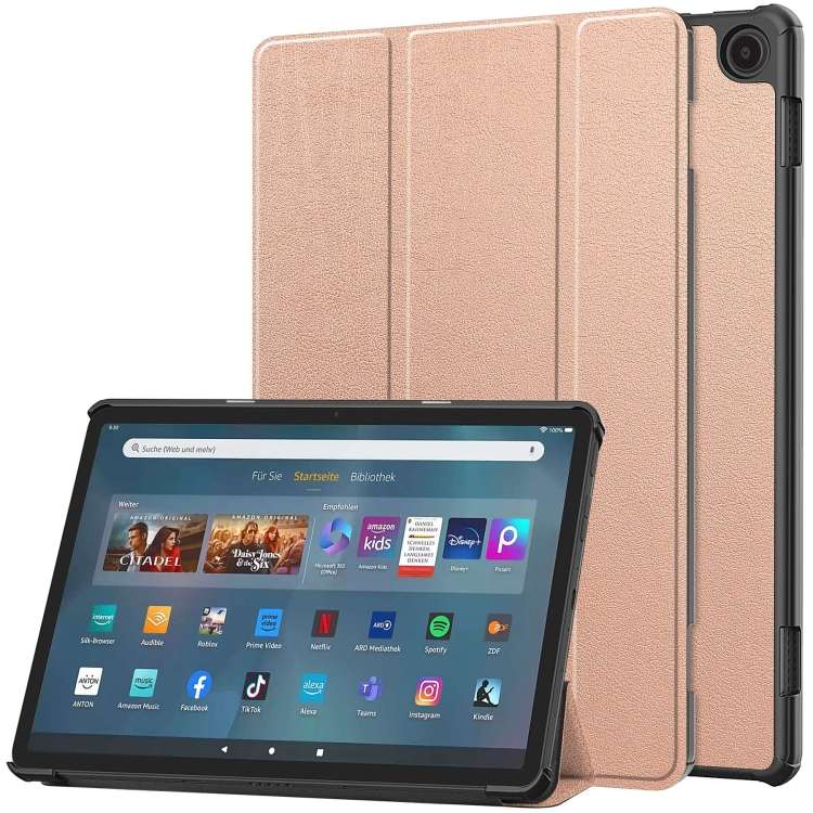 For Amazon Fire Max 11 Custer Pure Color 3-Fold Holder Smart Leather Tablet Case(Rose Gold)
