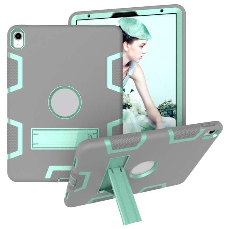 For iPad Pro 11 (2018) Shockproof PC + Silicone Protective Casewith Holder(Gray Mint Green)