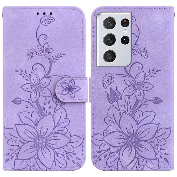 For Samsung Galaxy S21 Ultra 5G Lily Embossed Leather Phone Case(Purple)