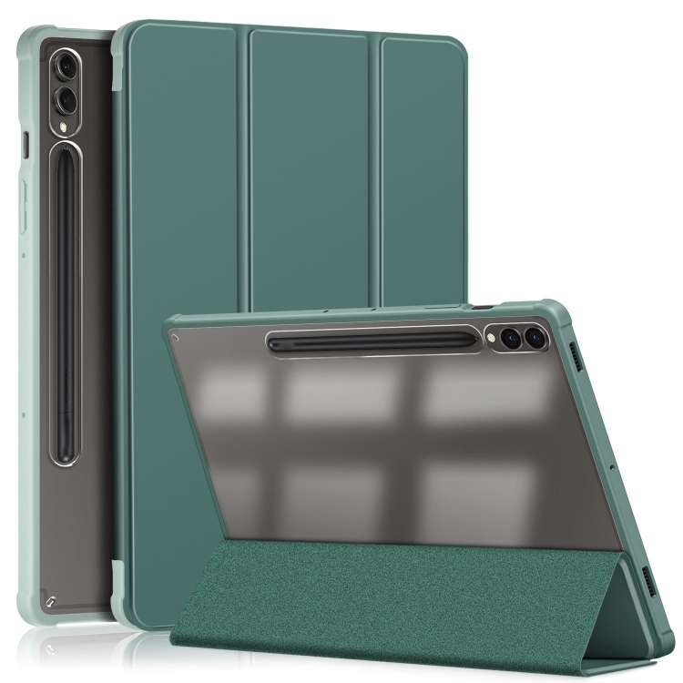 For Samsung Galaxy Tab S9+ Acrylic 3-folding Smart Leather Tablet Case(Deep Green)