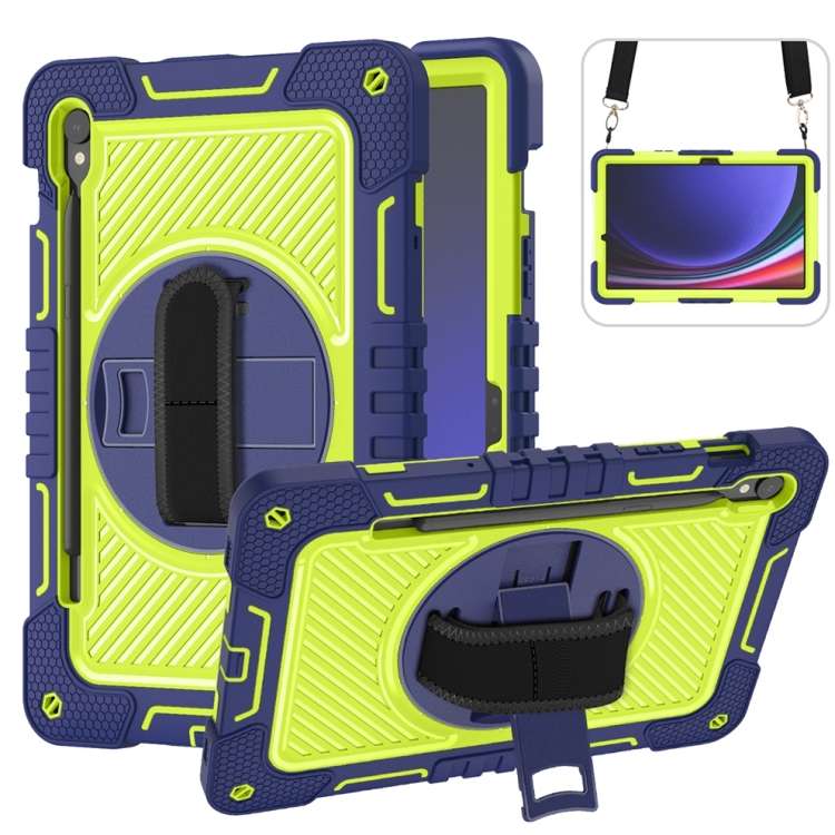For Samsung Galaxy Tab S9 360 Degree Rotation PC Contrast Silicone ... (Navy Blue + Yellow Green)