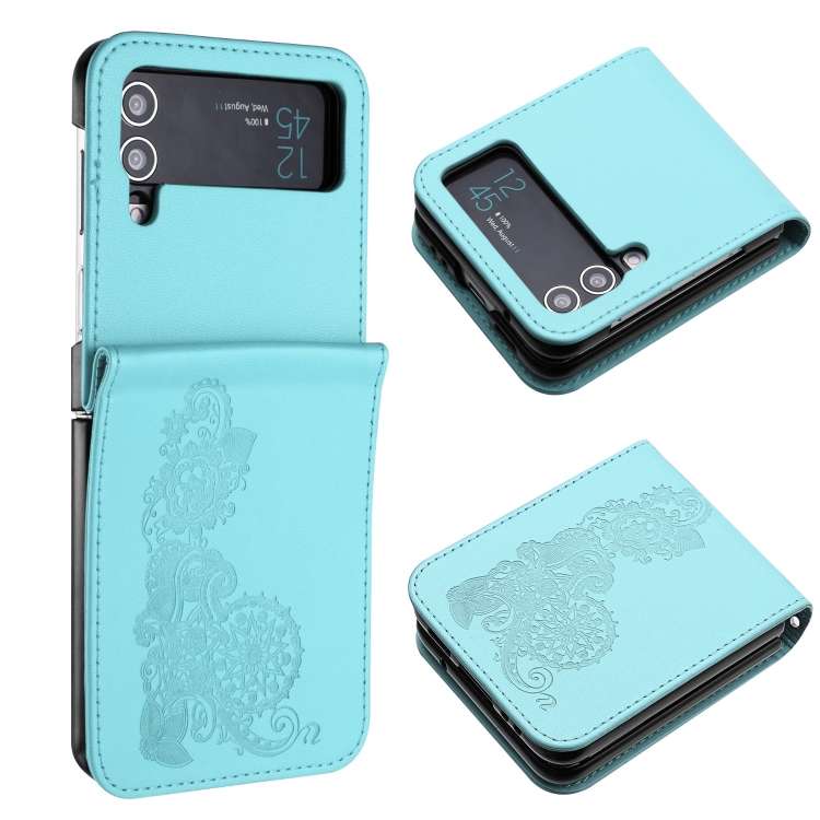 For Samsung Galaxy Z Flip4 5G Datura Flower Embossed Flip Leather Phone Case(Light blue)