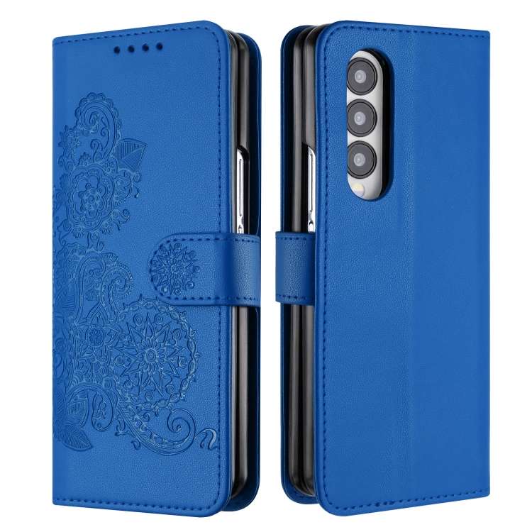 For Samsung Galaxy Z Fold4 5G Datura Flower Embossed Flip Leather Phone Case(Blue)