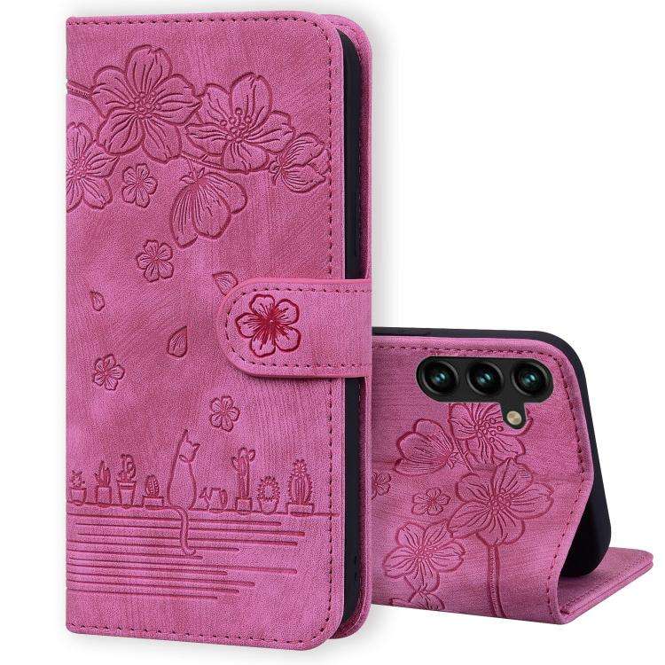 For Samsung Galaxy A57 5G Cartoon Sakura Cat Embossed Leather Phone Case(Rose Red)