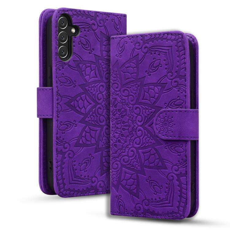For Samsung Galaxy A57 5G Mandala Embossed Dual-Fold Calf Leather Phone Case(Purple)