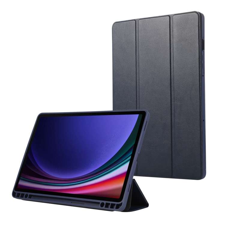 For Samsung Galaxy Tab S10 FE / S9 3-Fold Pure Color TPU Leather Tablet Case with ... (Dark Blue)