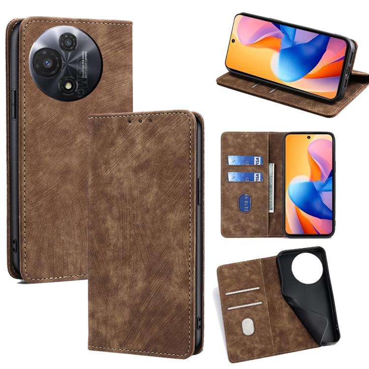 For TCL 60R 5G RFID Anti-theft Brush Magnetic Leather Phone Case(Brown)