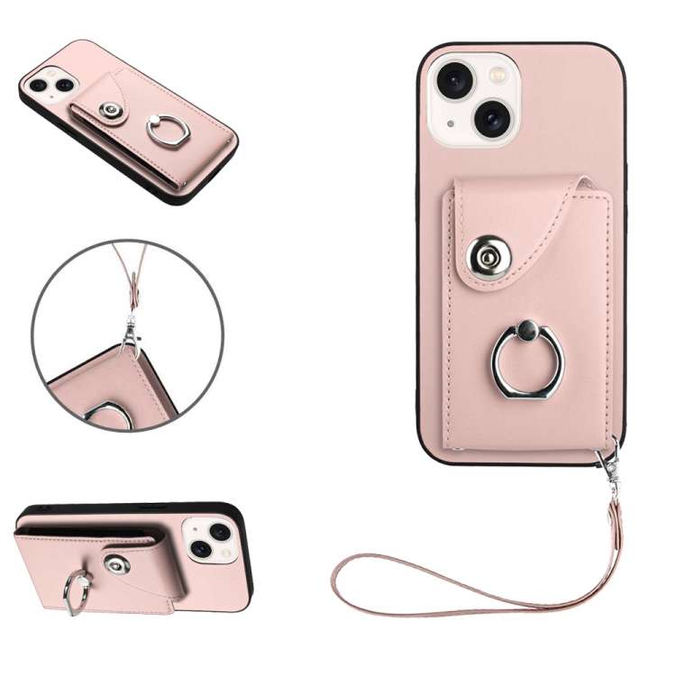 For iPhone 13 mini Organ Card Bag Ring Holder PU Phone Case with Lanyard(Pink)