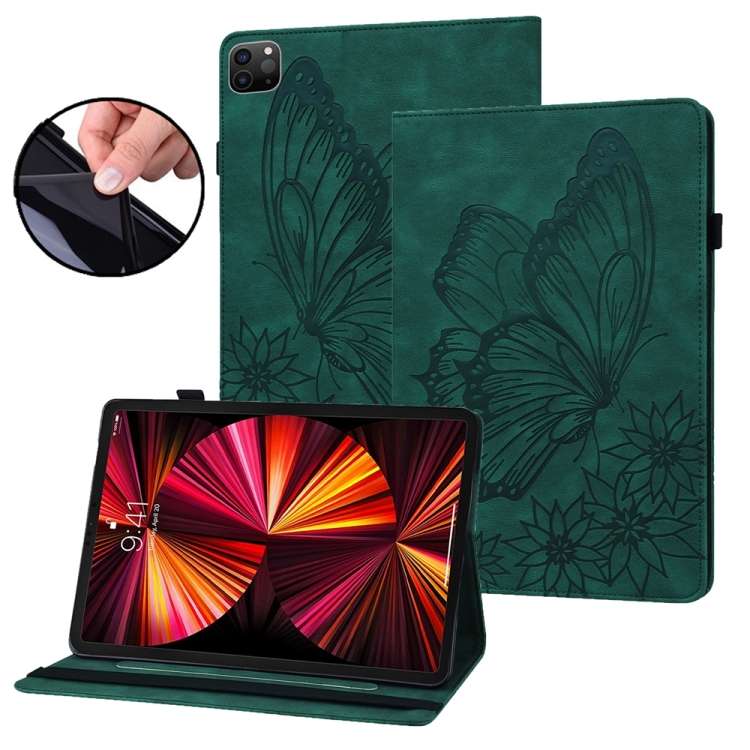 For iPad Pro 12.9 2022 / Air 13 2024 / 2025 Big Butterfly Embossed Leather Tablet Case(Green)